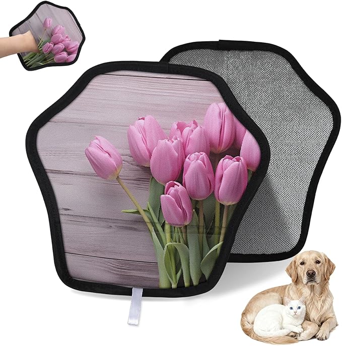Reusable Pet Hair Removal Glove Tulip Blossoms Magic Brush for Cat & Dog Hair Remover for Car, Sofa, Bedding, Clothes - 9x9 Mitt Washable