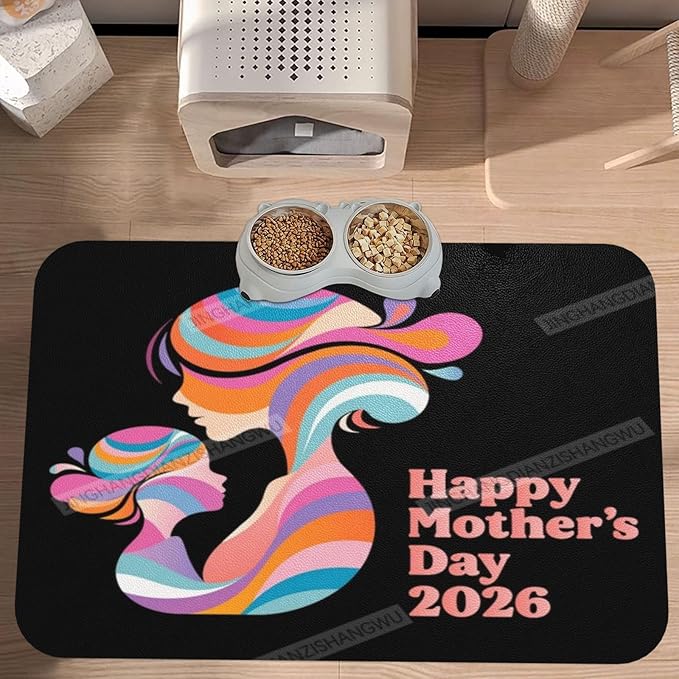Non Slip Mat for Dog Pet Cat Dog Food Mats Happy Mother's Day 2026 Floral Gift for Mom Mum Water Bowl Mat Quick Dry Absorbent Cat Feeding Mats 24x16In