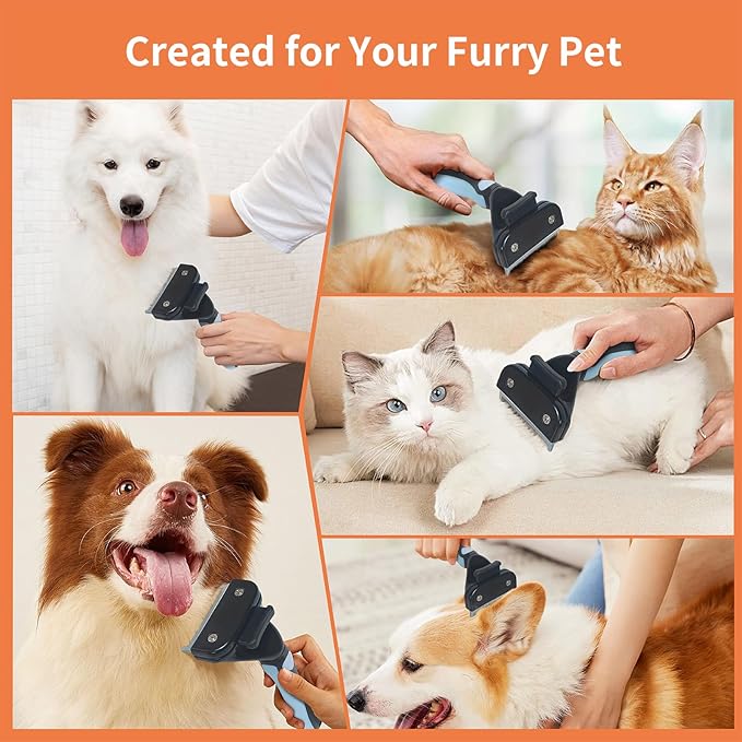 Pet Deshedding Tool, Self Cleaning Pet Grooming Rake, Deshedding Hair Brush with Stainless Steel Teeth and Rubber Handle, for Dog Cat Short Medium and Long Pet Hair (Small)