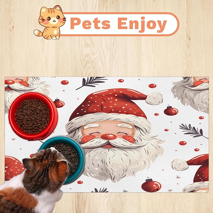 Santa Claus Dog Food Mat for Floors Absorbent, Quick Dry Water Dispenser Mat for Food, Water, Pet Supplies 12" x 20", Christmas Ball
