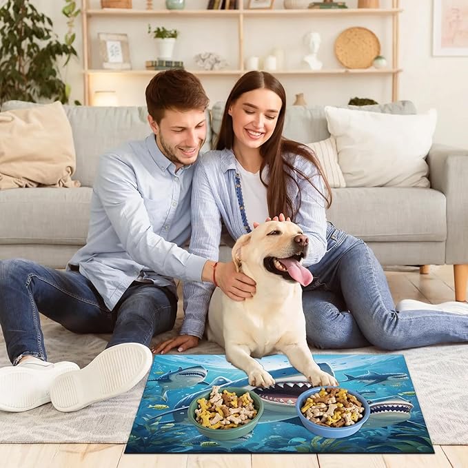 Ocean Shark Dog Food Mat for Floors Absorbent Dog Bowl Mat for Food and Water Dispenser Quick Dry Cat Food Placemat Pet Supplies 12" x 20", Underwater World