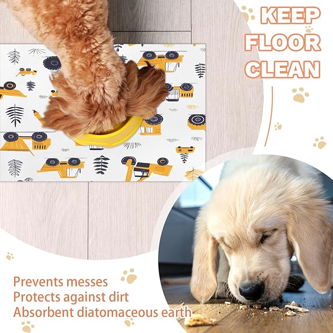 Car Dog Food Mat for Floors Absorbent, Quick Dry Water Dispenser Mat for Food, Water, Pet Supplies 17" x 30", Tractor Cars