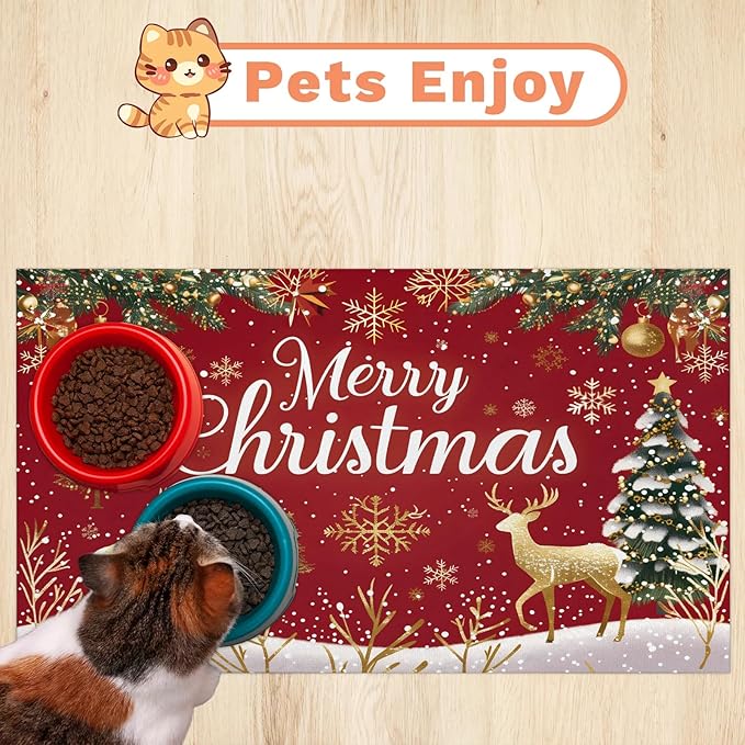 Merry Christmas Dog Food Mat for Floors Absorbent, Quick Dry Water Dispenser Mat for Food, Water, Pet Supplies 24" x 32", Gold Deer