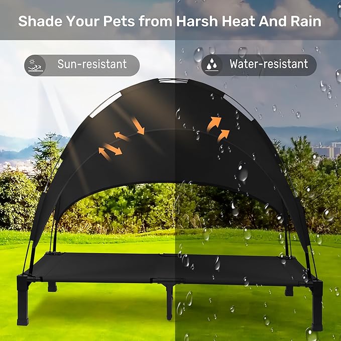 Heeyoo Elevated Dog Bed with Canopy, Portable Dog Cot with Removable Shade Tent, Outdoor Raised Pet Cot Cooling Bed for Dogs