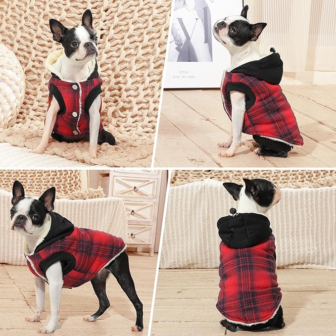 Fleece Lining Dog Hoodie for Small Dogs Extra Warm Plaid Sweater with Drawstring Hooded Coats in Winter Puppy Jacket,Red S