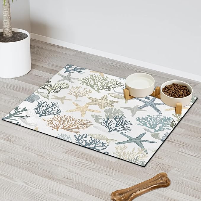 Nautical Coastal Dog Food Mat for Floors Absorbent Dog Bowl Mat for Food and Water Dispenser Quick Dry Cat Food Placemat Pet Supplies 16" x 24", Ocean Beach Starfish