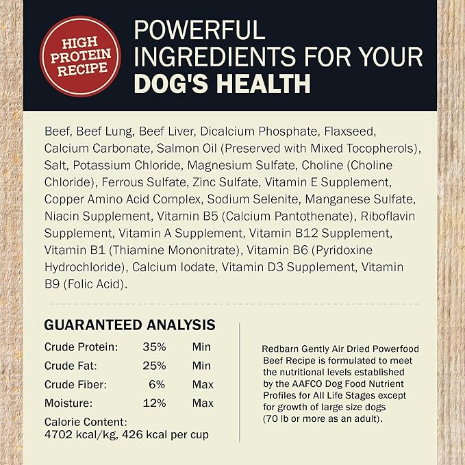 Redbarn Powerfood Air Dried Dog Food - 95% Beef & Beef Organs - High Protein Grain-Free Non-GMO Premium Dry Full Feed or Topper Made in USA with Omega 3 Salmon Oil Flaxseed - 2lb