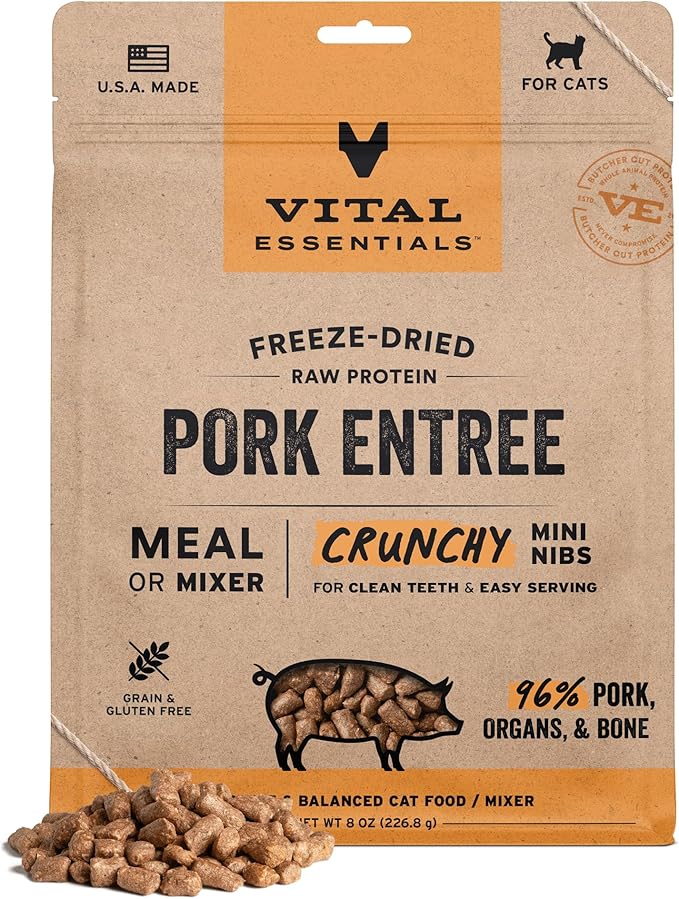 Vital Essentials Freeze Dried Cat Food, Raw Pork Crunchy Mini Nibs | Complete Meal or Topper | 96% Pork, Organs & Bone | Limited Ingredient, High Protein, Grain Free Dry Cat Food | 8 oz Bag