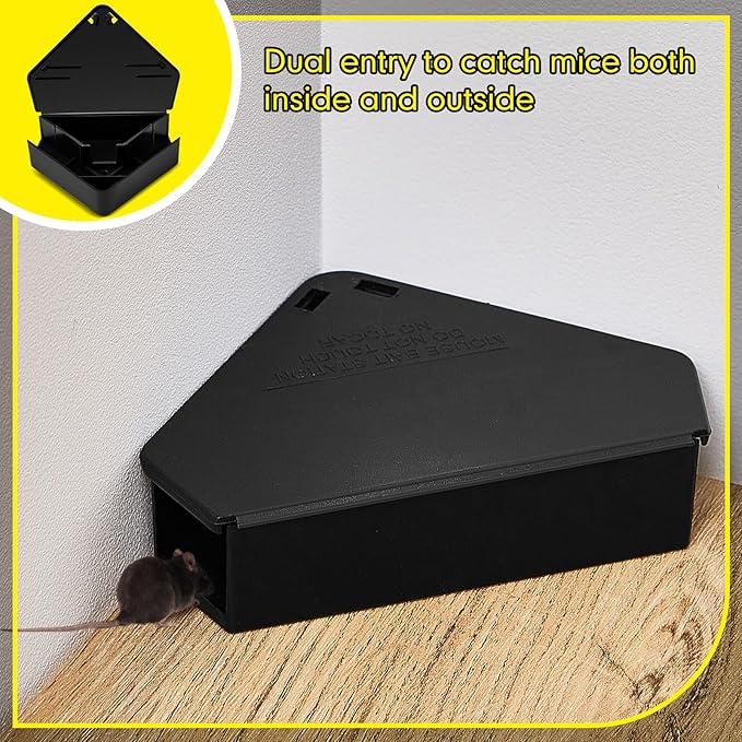 Qualirey Mice Station with Key Triangle Mouse Station Reusable Rodent Trap Box, Keeps Children and Pets Safe Indoor & Outdoor Suitable for Small Mice(Black,4 Pcs)
