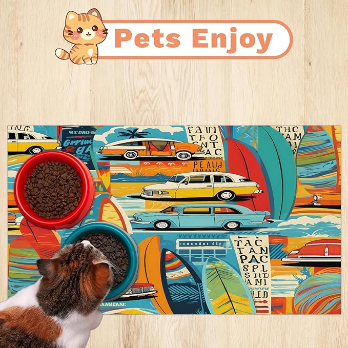 Boho Car Dog Food Mat for Floors Absorbent, Quick Dry Water Dispenser Mat for Food, Water, Pet Supplies 17" x 30", Retro Car