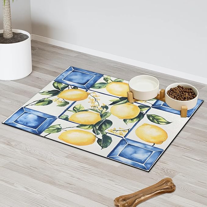 Lemon Dog Food Mat for Floors Absorbent Dog Bowl Mat for Food and Water Dispenser Quick Dry Cat Food Placemat Pet Supplies 16" x 24", Tile Leaves