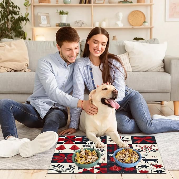 Xmas Deer Dog Food Mat for Floors Absorbent, Quick Dry Water Dispenser Mat for Food, Water, Pet Supplies 12" x 20", Christmas Tree