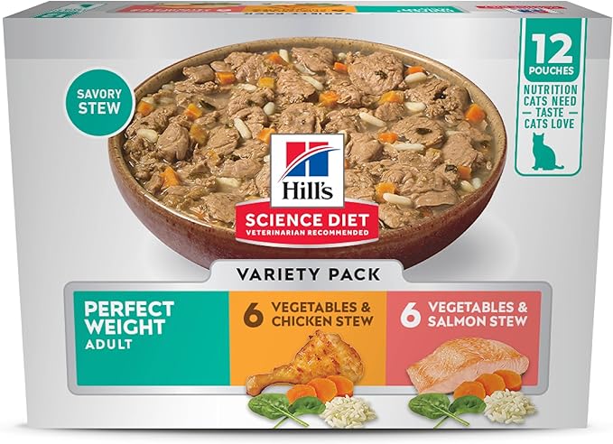 Hill's Science Diet Adult 1-6 Perfect Weight Wet Cat Food, Variety Pack: Chicken & Vegetables, Salmon & Vegetables Stew, 2.8 oz. Pouch, 12-Pack