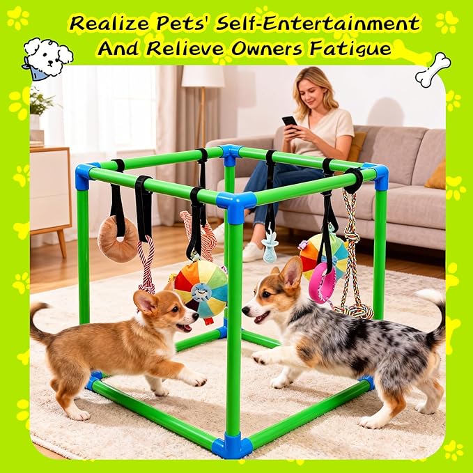 Puppy Play Gym with 8 Hanging Toys, Small Dogs Indoor Jungle Gym, PVC Frame with Bungee Straps Enrichment Activity Center