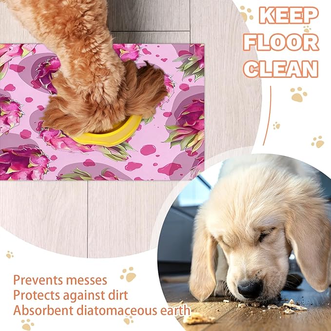 Dragon Fruit Dog Food Mat for Floors Absorbent Dog Bowl Mat for Food and Water Dispenser Quick Dry Cat Food Placemat Pet Supplies 12" x 20", Summer Fruits