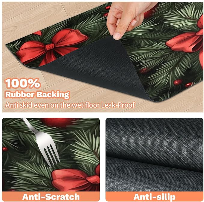 Xmas Pine Tree Dog Food Mat for Floors Absorbent, Quick Dry Water Dispenser Mat for Food, Water, Pet Supplies 16" x 24", Christmas Bow