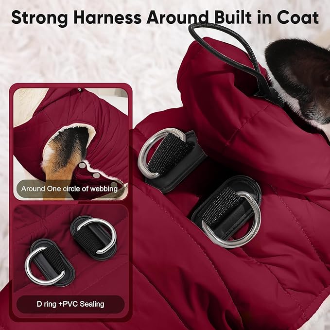 Fleece Lining Dog Hoodie with Harness Built in,Extra Warm Small Dog Jacket in Winter Puppy Coats with Drawstring Hooded,Red S