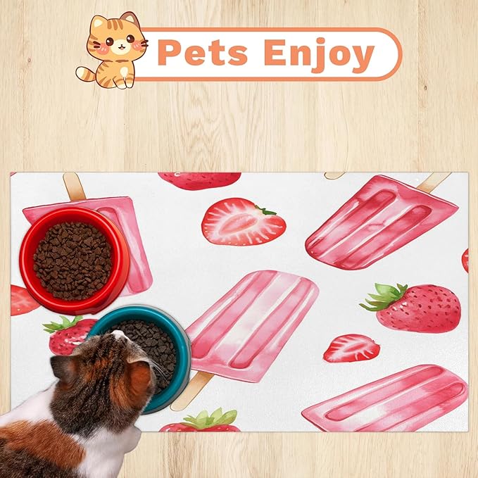 Ice Cream Dog Food Mat for Floors Absorbent Dog Bowl Mat for Food and Water Dispenser Quick Dry Cat Food Placemat Pet Supplies 16" x 24", Strawberry