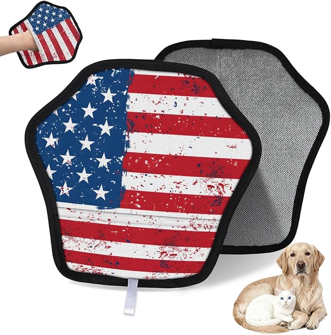 Vintage Stars Stripes Electrostatic Pet Hair Removal Glove for Cats & Dogs - Reusable Grooming Mitt for Couch, Carpet, Car Seat & Laundry - Large 9x9 Inch