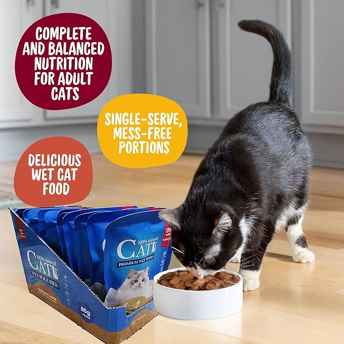 Cats Premium Wet Food 85g Pouch — Moist, Soft Cat Food Mixer, Topper and Rotational Meal (12-Pack, Chicken)