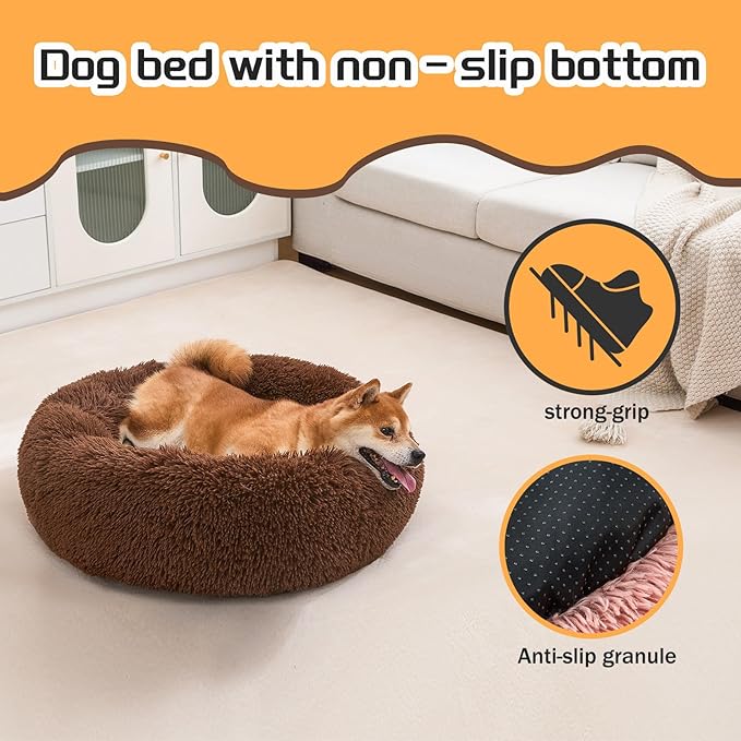 Comfort Donut Dog Bed - Ultra-Soft Pet Bed with Neck Support, 3 Sizes (Machine Washable) for Small/Medium/Large Dogs & Cats(Coffee,24''Lx24''Wx8''Th)