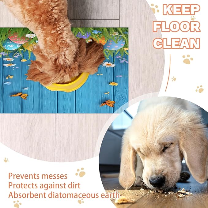 Happy Easter Dog Food Mat for Floors Absorbent Dog Bowl Mat for Food and Water Dispenser Quick Dry Cat Food Placemat Pet Supplies 16" x 24", Butterfly Daisy Flower