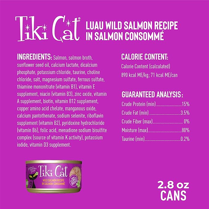 Tiki Cat Luau Shredded Meat, Wild Salmon Recipe in Salmon Consumme, Grain-Free Balanced Nutrition Wet Canned Cat Food, For All Life Stages, 2.8 oz. Can (12 Count)