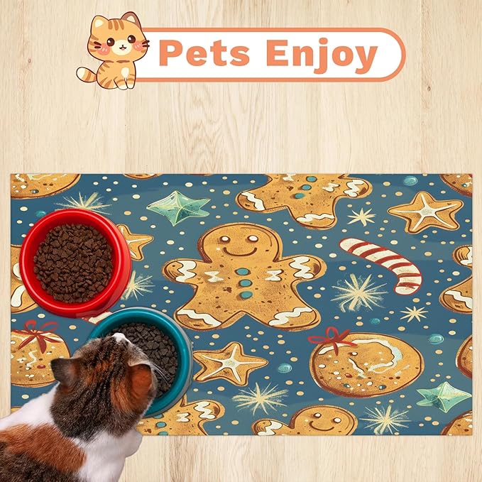 Christmas Gingerbread Dog Food Mat for Floors Absorbent, Quick Dry Water Dispenser Mat for Food, Water, Pet Supplies 17" x 30", Xmas Snowflake