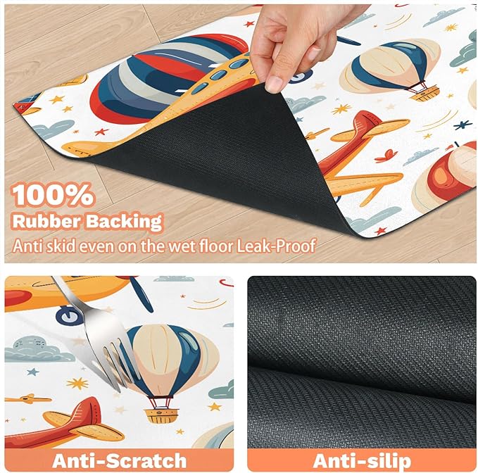 Airplane Dog Food Mat for Floors Absorbent, Quick Dry Water Dispenser Mat for Food, Water, Pet Supplies 12" x 20", Hot Air Balloon