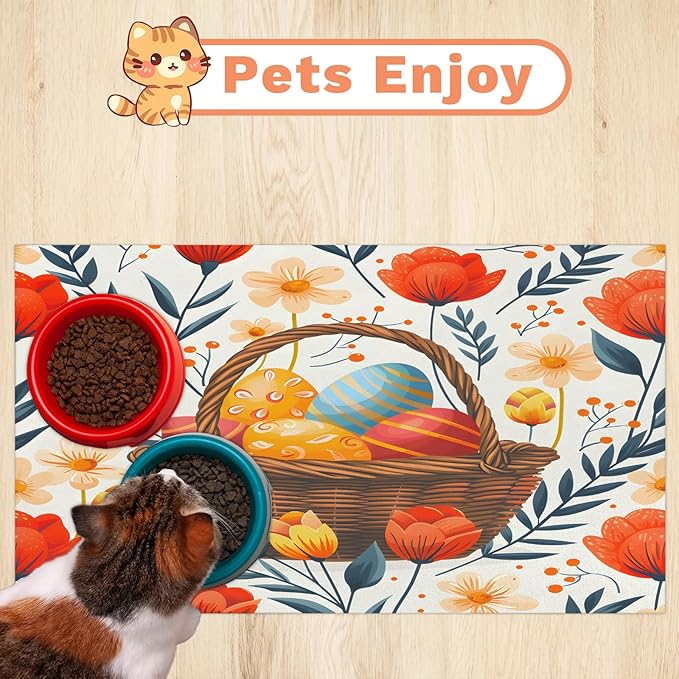 Spring Easter Dog Food Mat for Floors Absorbent Dog Bowl Mat for Food and Water Dispenser Quick Dry Cat Food Placemat Pet Supplies 24" x 32", Flower Egg