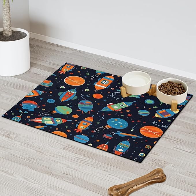 Outer Space Dog Food Mat for Floors Absorbent, Quick Dry Water Dispenser Mat for Food, Water, Pet Supplies 17" x 30", Rocket Planets