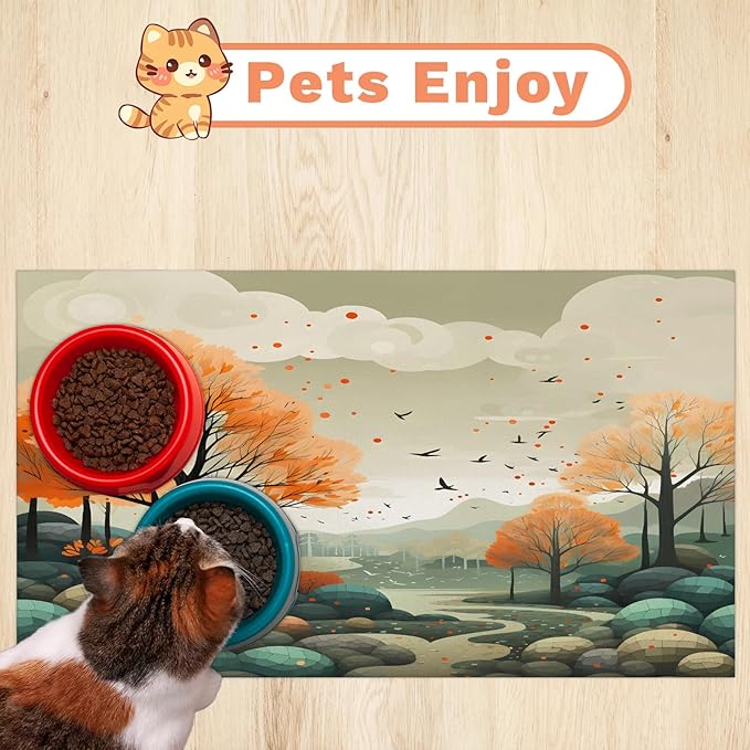 Fall Forest Dog Food Mat for Floors Absorbent, Quick Dry Water Dispenser Mat for Food, Water, Pet Supplies 16" x 24", Nature Tree Plant