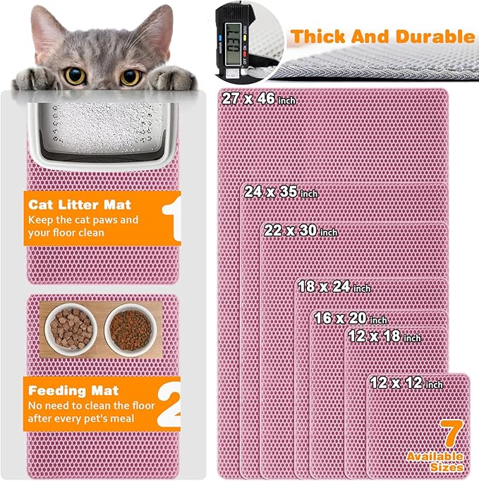 Waterproof Cat Litter Mat, Double Layer EVA, Odor-Free Large Grid, Urine Proof, Easy Cleanup (Pink, 22 x 30)