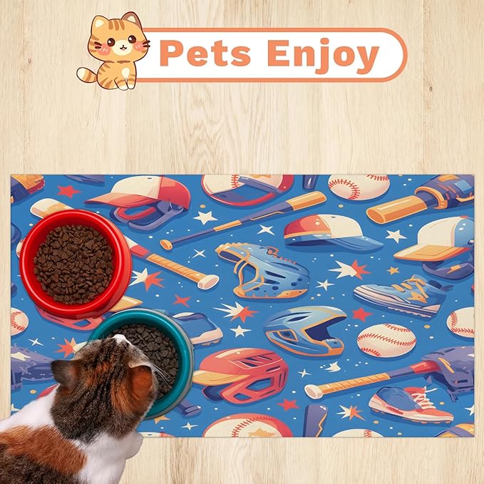Baseball Dog Food Mat for Floors Absorbent, Quick Dry Water Dispenser Mat for Food, Water, Pet Supplies 12" x 20", Sport