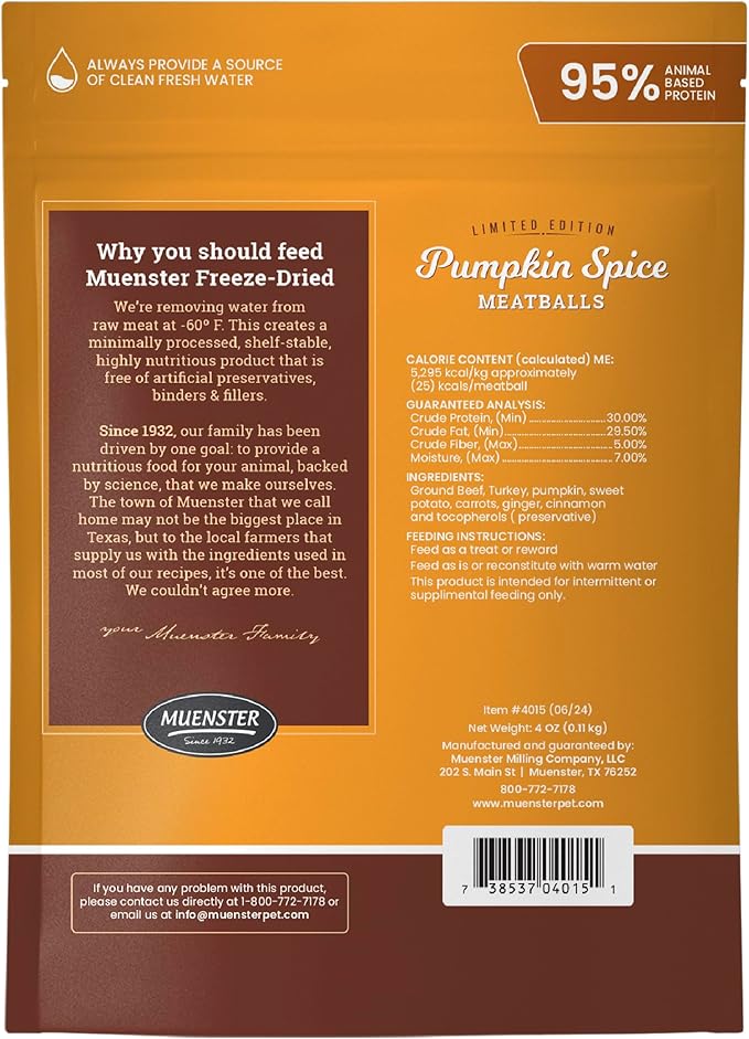 Muenster Freeze Dried Pumpkin Meatball Dog Treats 4 oz - Grain Free, Made in USA