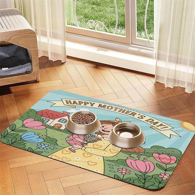 Non Slip Mat for Dog Pet Cat Dog Food Mats Happy Mother's Day Floral Gift for Mom Dv Water Bowl Mat Quick Dry Absorbent Cat Feeding Mats 24x16In