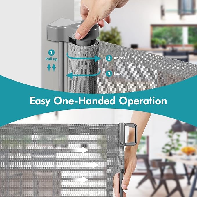 140 Inch Extra Wide Retractable Baby Gate Extra Long Dog Gate Indoor Outdoor Retractable Gate, Mesh Baby Gate Retractable Pet Gate for Large Openings, Large Dog Gate Retractable Gates for Dogs, Gray