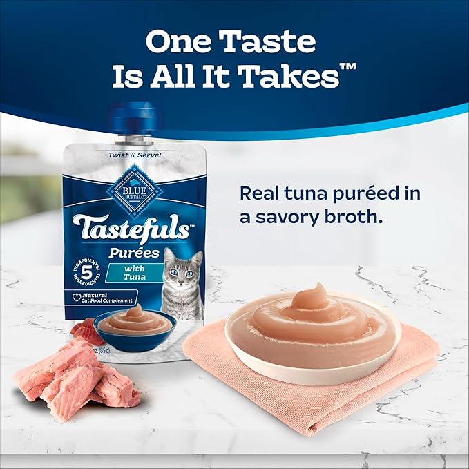 Blue Buffalo Tastefuls Purées with Tuna, Natural Cat Food Complement, Resealable Twist Cap Pouches, 3-oz (12 Count)