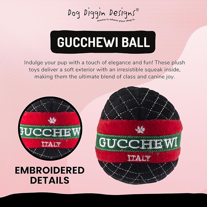 Dog Diggin Designs Gucchewi Plush Squeaky Dog Toy Ball | Luxury-Inspired Parody Designer Ball with Squeaker, Soft Plush Fetch Dog Toy – Prêt-à-Porter Play!