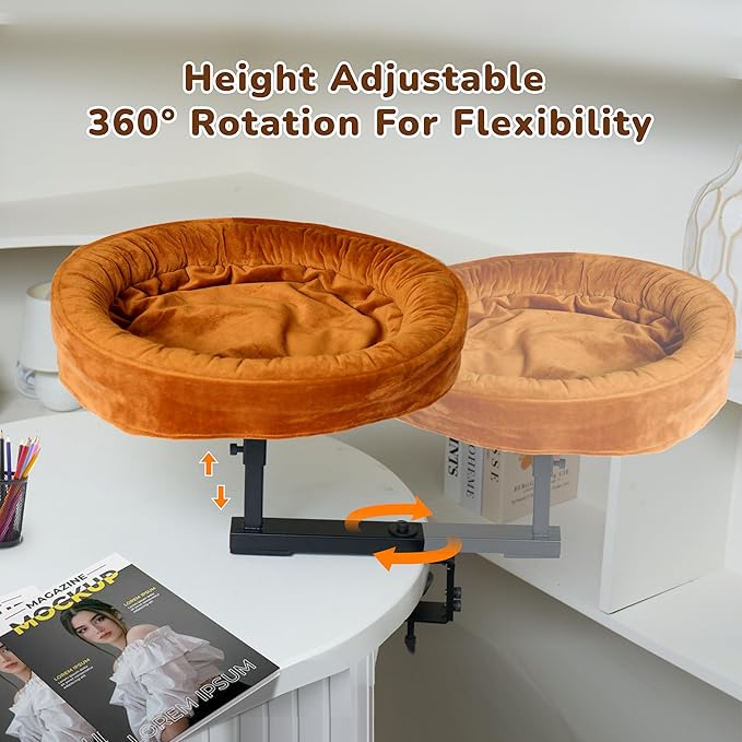 [Ready to Gift] PURRHOUSE Up to 45LBS Capacity Cat Desk Bed - 360° Rotating & Adjustable Shelf, Pet Perch for Desks with Washable Cushion, Desk Cat Bed Attachment for Various Tables (Brown)