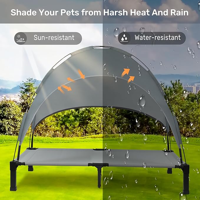 Heeyoo Elevated Dog Bed with Canopy, Portable Dog Cot with Removable Shade Tent, Outdoor Raised Pet Cot Cooling Bed for Dogs