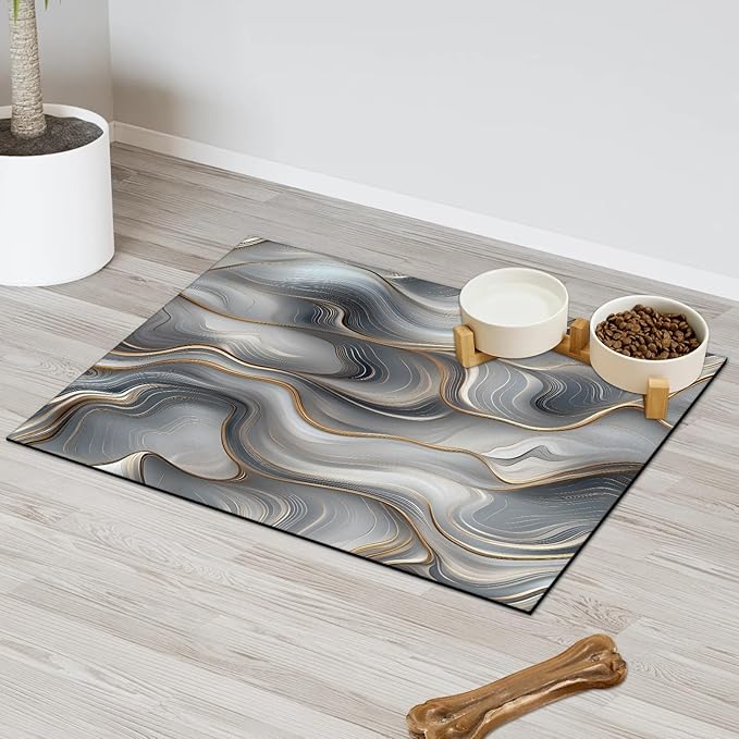 Marble Dog Food Mat for Floors Absorbent, Quick Dry Water Dispenser Mat for Food, Water, Pet Supplies 24" x 32", Grey Gold Abstract