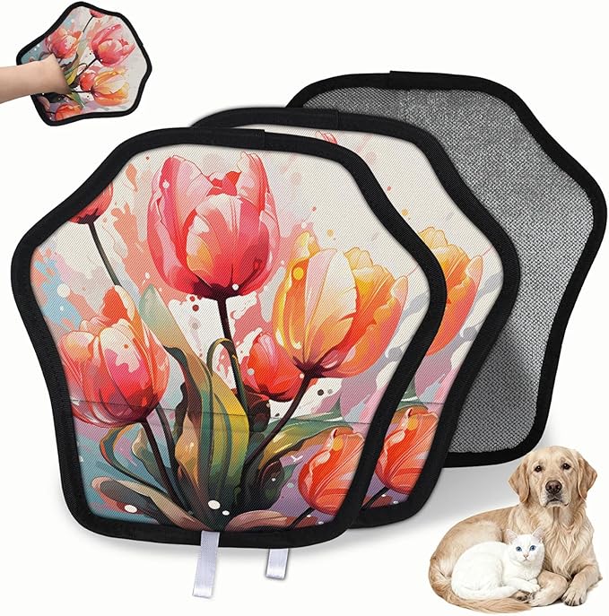 Reusable Pet Hair Removal Glove Watercolor Tulip Flowers Magic Brush for Cat & Dog Hair Remover for Car, Sofa, Bedding, Clothes - 9x9 Mitt Washable