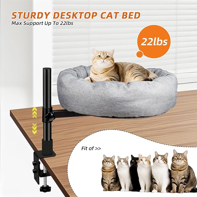 Desk nest cat Bed，cat Bed for Desk Attachment with Soft and Thick Cushions ，Rotation & Adjustable Height -Cats Up to 45 lbs (Grey) ，Cat Bed Desk attachmen for Home Office