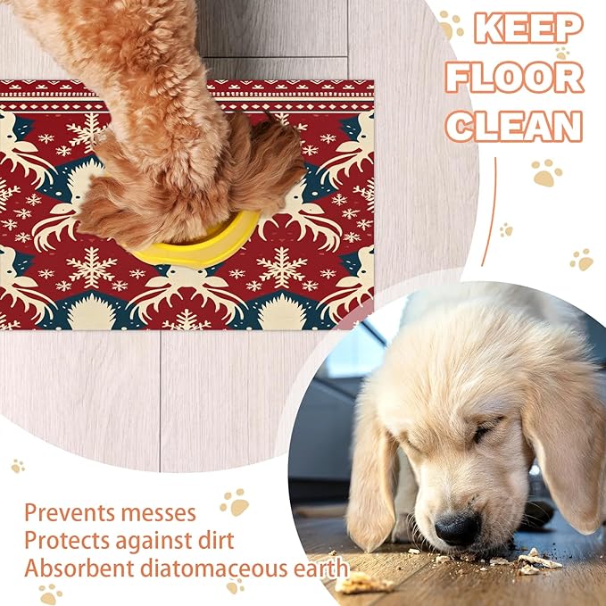 Christmas Deer Dog Food Mat for Floors Absorbent, Quick Dry Water Dispenser Mat for Food, Water, Pet Supplies 17" x 30", Snowflake