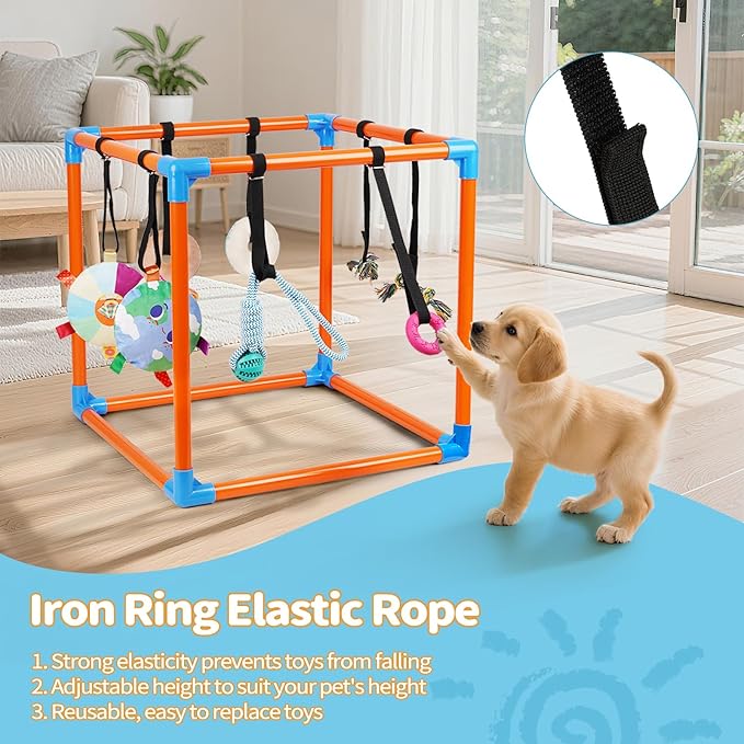 Liitrton Puppy Play Gym - Small Dogs Play Gym with 8 Hanging Toys, Indoor Puppy Jungle Gym with Interactive Dog Enrichment Toys, 19.5"x19.5"x19.5" PVC Frame (Orange)