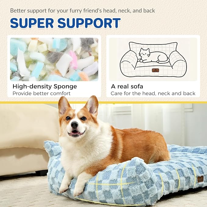 Cat Bed Cats Couch for Puppy and Kitten, Fluffy Pet Couch Small Dog Sofa Bed, Supportive Cat Sofa for Indoor Cats, Washable Cover & Non-Slip, 26 inch, Blue