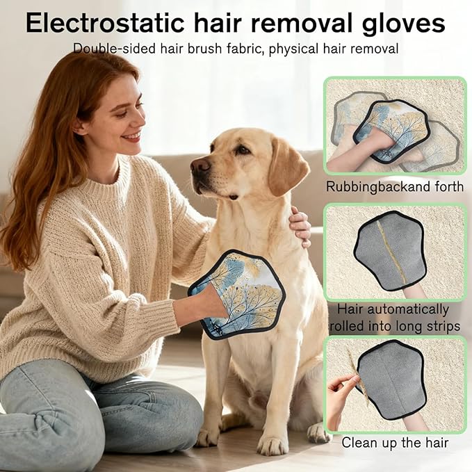 Forest Tree Leaves Electrostatic Pet Hair Removal Glove for Cats & Dogs - Reusable Grooming Mitt for Couch, Carpet, Car Seat & Laundry - Large 9x9 Inch