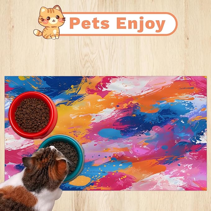 Colorful Graffiti Dog Food Mat for Floors Absorbent Dog Bowl Mat for Food and Water Dispenser Quick Dry Cat Food Placemat Pet Supplies 12" x 20", Watercolor Abstract