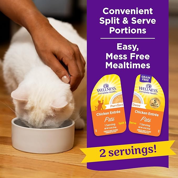 Wellness Complete Health Purrfect Duos, Pate, Adult Wet Cat Food, Natural, Protein-Rich, Grain-Free, 2.64 Ounce, 12 Pack, (Chicken Entrée Recipe)